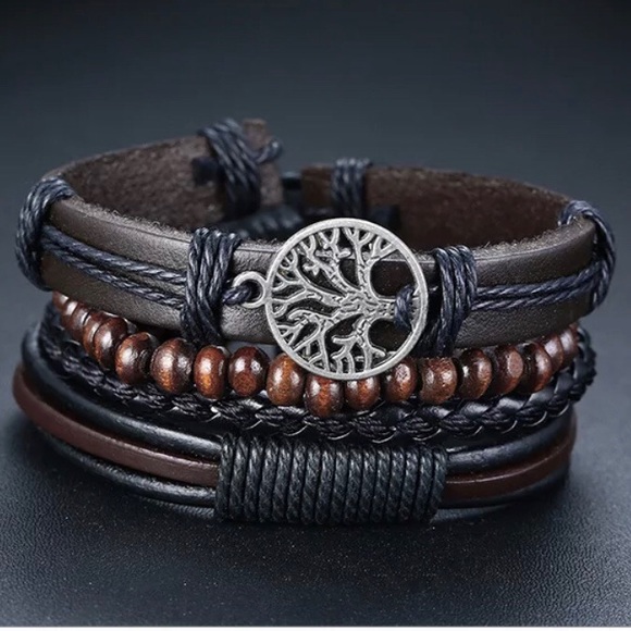 Jewelry - Boho Leather Bracelets 4 Piece Tree of Life Black and Brown OS NEW